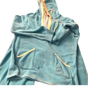 Josie size large aqua blue hooded 2 pc terry cloth  lounge set with pockets